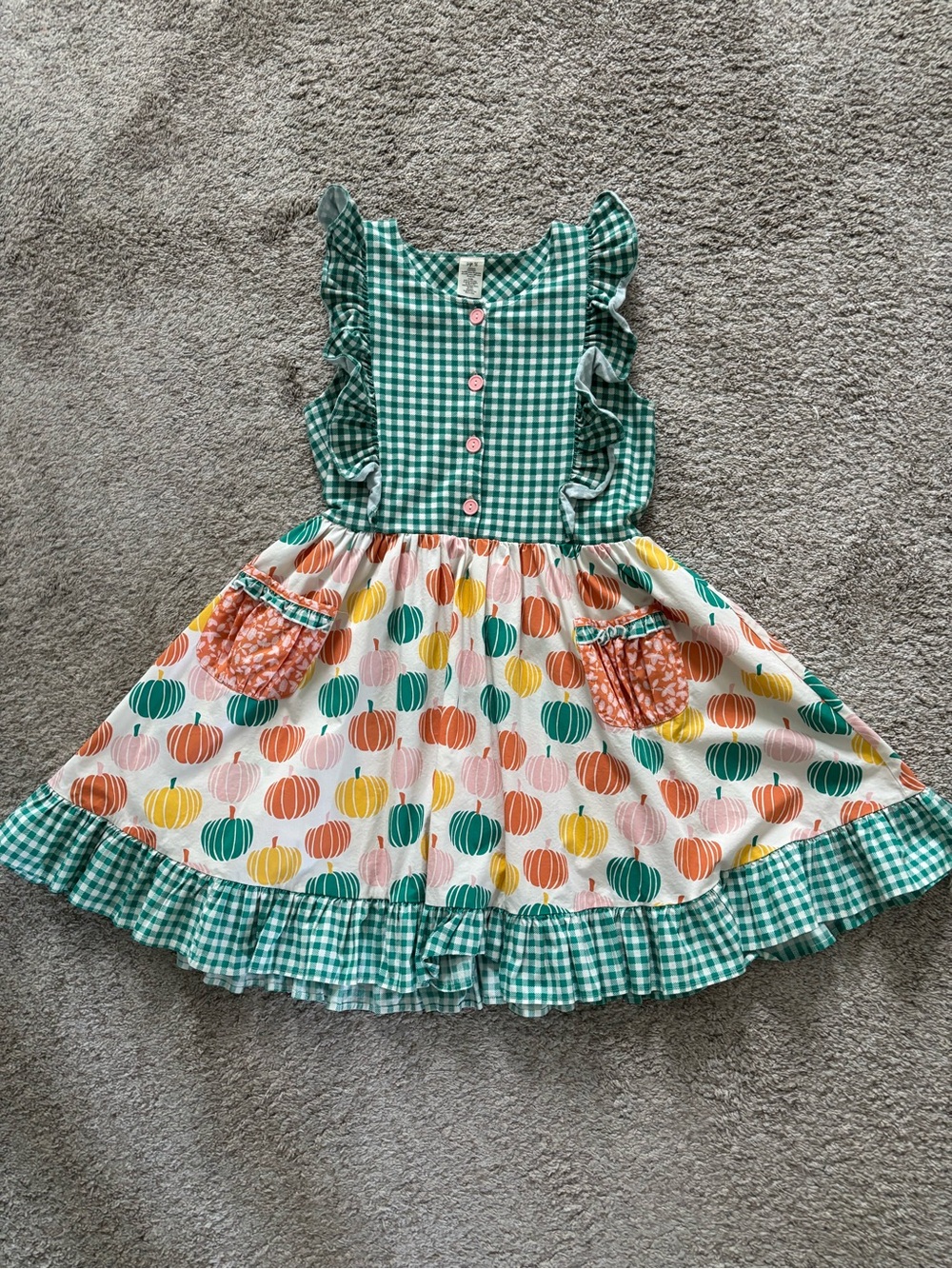 Eleanor Rose Green Gingham Dress with Pumpkin Print Accents